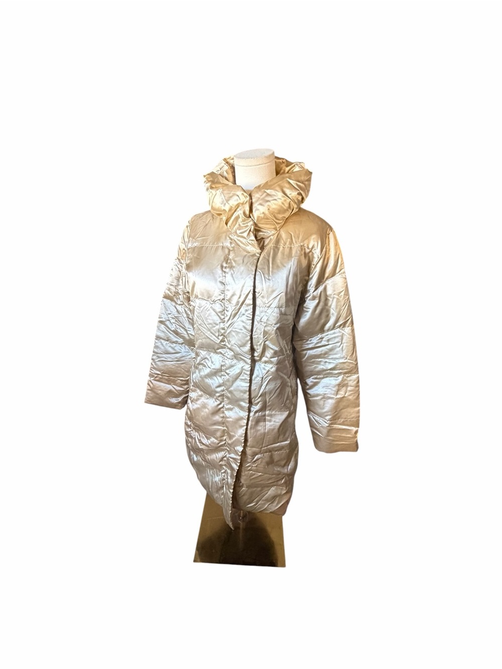 Lands End Down Puffer Metallic Gold Puffer Coat with Funnel Neck Sz Medium